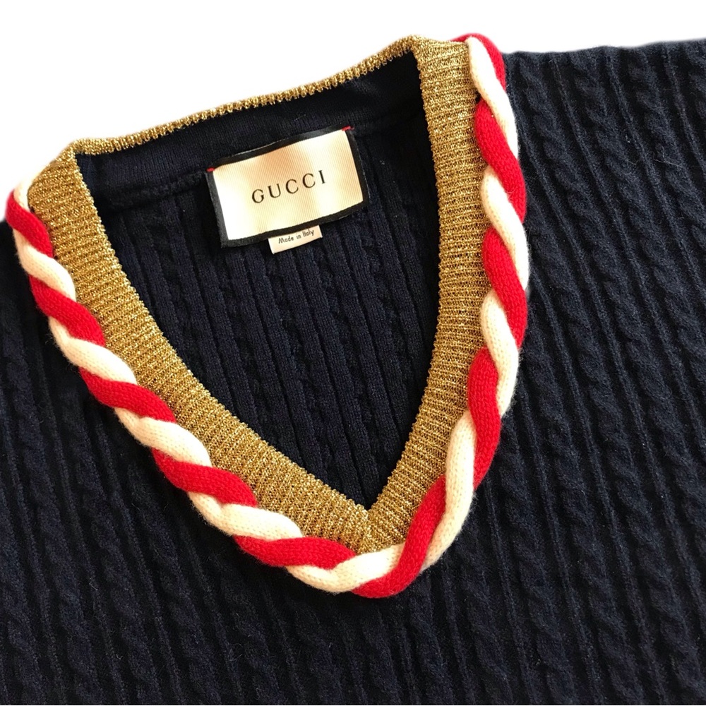 Gucci Navy Multicolor Lurex Trim Cable-Knit Cashmere Wool Sweater - Picture 3 of 6